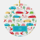 Little Boy Vehicle Pattern w First Name Christmas Keramik Ornament (Hinten)