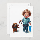 Little Boy Walking seine Dackel Postcard Art Postkarte (Vorne/Hinten)