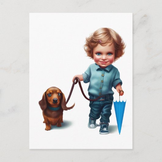Little Boy Walking seine Dackel Postcard Art Postkarte (Vorderseite)