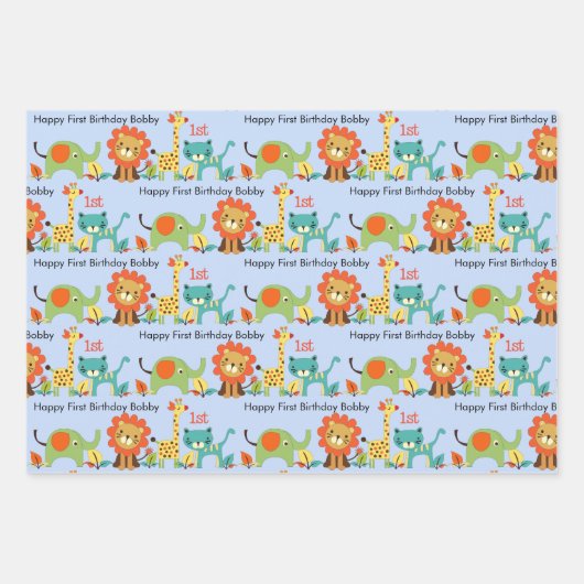 Little Boy's Birthday Name & Age Lion Giraffe 3 Geschenkpapier Set (Vorderseite 3)