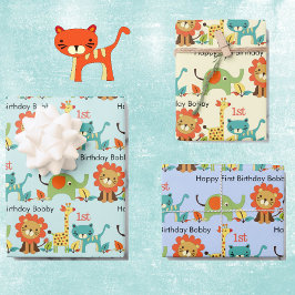Little Boy's Birthday Name & Age Lion Giraffe 3 Geschenkpapier Set