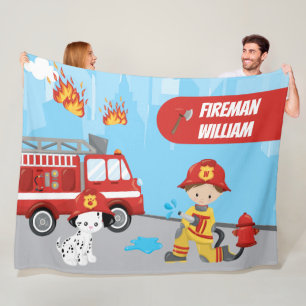 Little Boy's Cartoon Fireman mit Vorname Fleecedecke