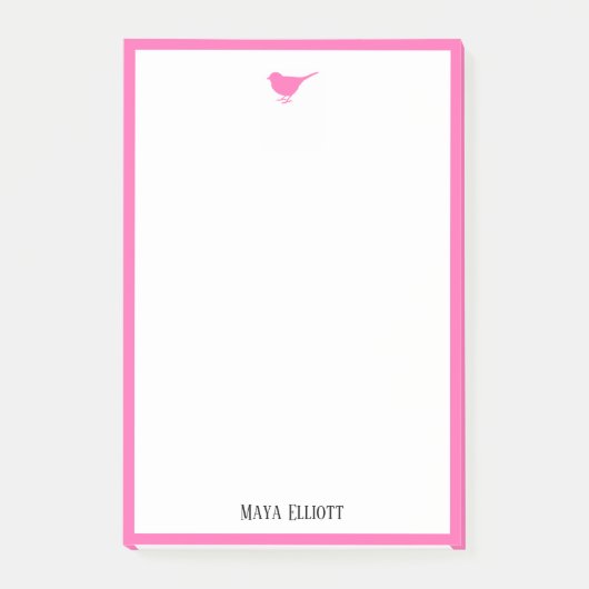 Little Bright Pink Bird & Border auf Weiß Post-it Klebezettel (Vorderseite)