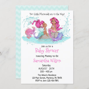 Little Brown Twin Mermaids Watercolor Baby Shower Einladung