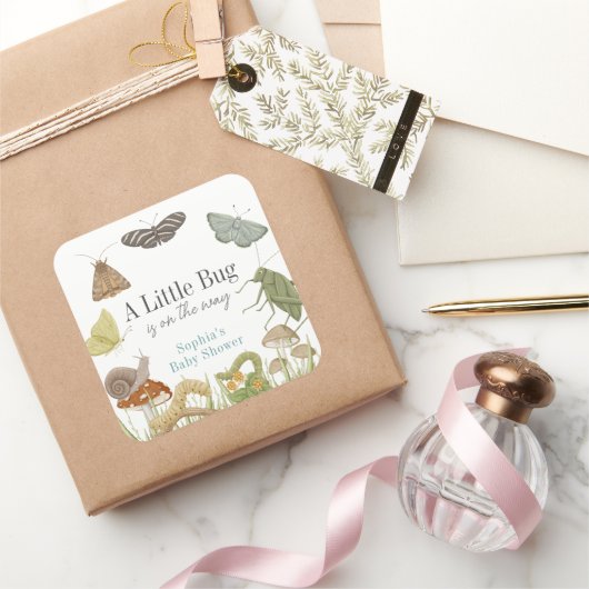 Little Bug Insects Mushroom Boy Baby Shower Quadratischer Aufkleber (Schenken)