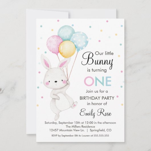 Little Bunny Balloons Birthday Invitation Einladung (Vorderseite)