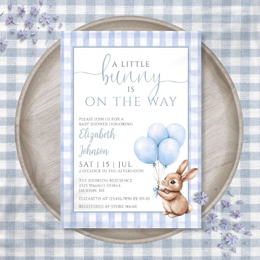 Little Bunny Blue Balloons Boy Baby Shower Einladung