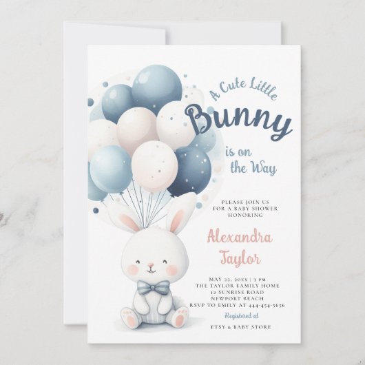 Little Bunny Bow Krawatte Balloons Navy Baby Boy D Einladung (Vorderseite)