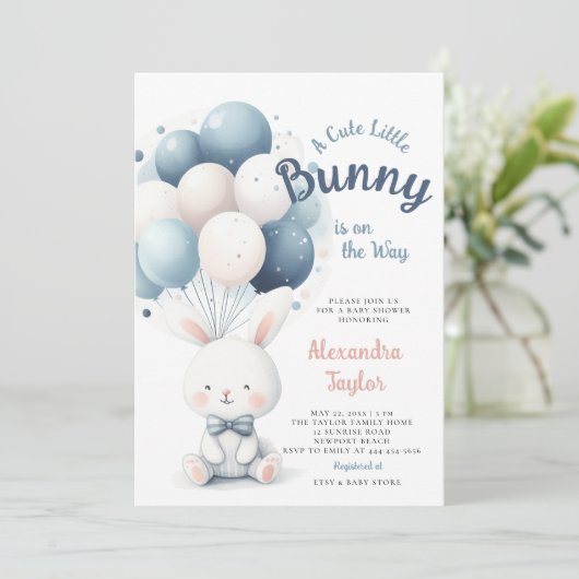 Little Bunny Bow Krawatte Balloons Navy Baby Boy D Einladung (Stehend Vorderseite)