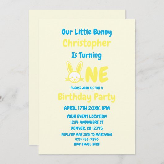 Little Bunny Boy 1. Geburtstag Einladung (Vorne/Hinten)