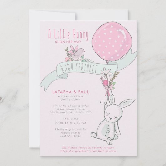 Little Bunny mit Balloon Niedlich Girl Baby Sprink Einladung (Vorderseite)