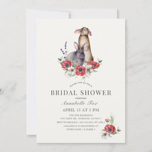 Little Bunny Red Anemone Brautparty Einladung (Vorderseite)