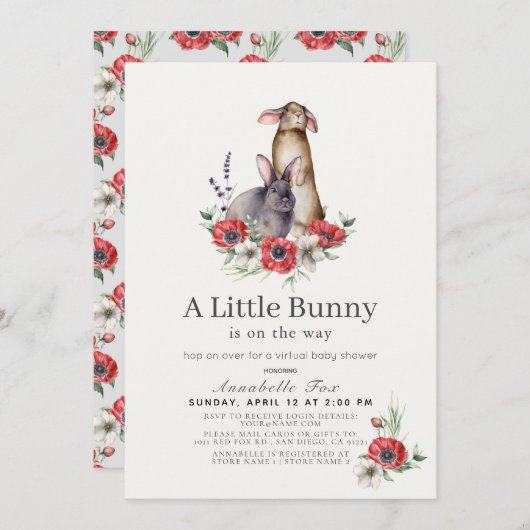 Little Bunny Red Anemone Virtual Baby Dusche Einladung (Vorne/Hinten)