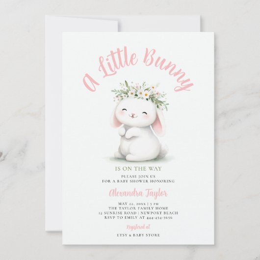 Little Bunny Wildblumen Wreath Baby Girl Dusche Einladung (Vorderseite)