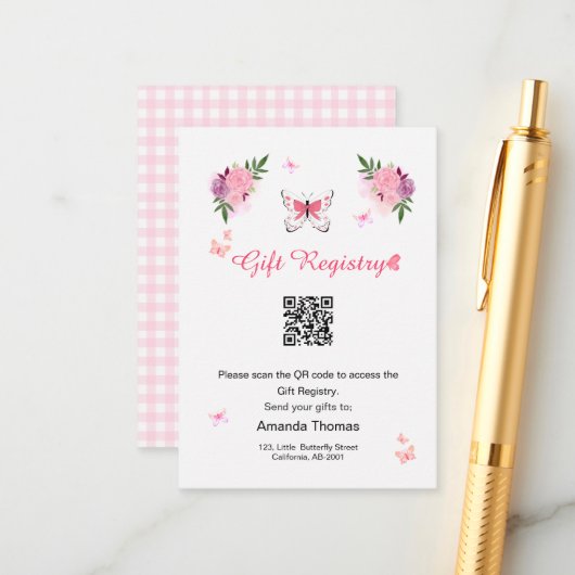 Little Butterfly Baby Shower Gift Registry QR Code Begleitkarte (Vorderseite/Rückseite Beispiel)