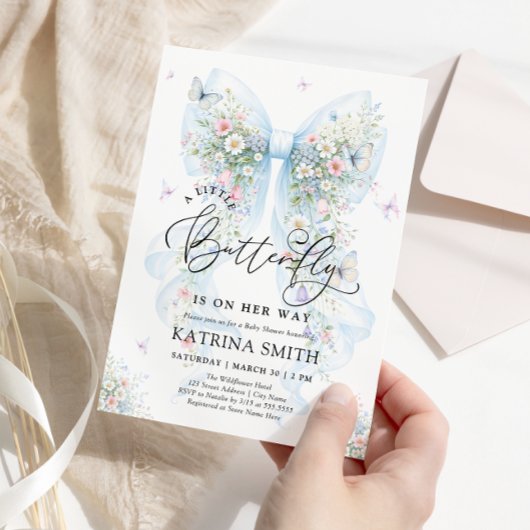 Little Butterfly Blue Bow Baby Shower Einladung