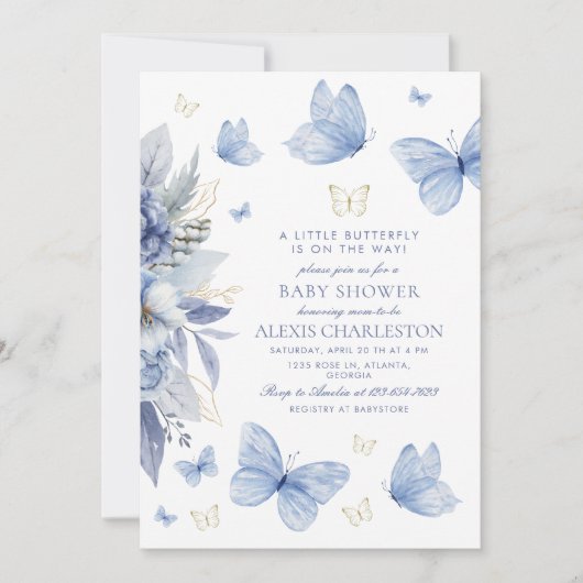 Little Butterfly Blue Flowers Junge Babydusche Einladung (Vorderseite)