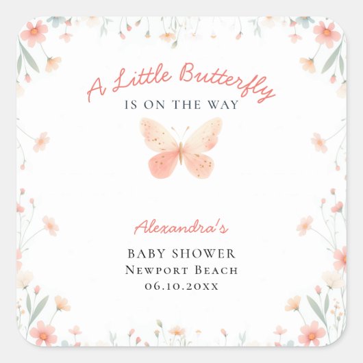 Little Butterfly Coral Aquamarin Niedlich Girl Bab Quadratischer Aufkleber (Vorderseite)