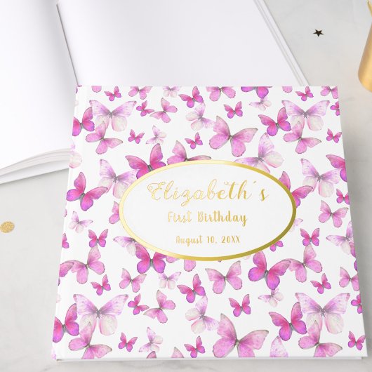 Little Butterfly First Birthday Pink Girl Gold Gästebuch