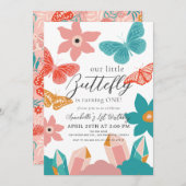 Little Butterfly Floral & Crystal 1. Geburtstag Einladung (Vorne/Hinten)