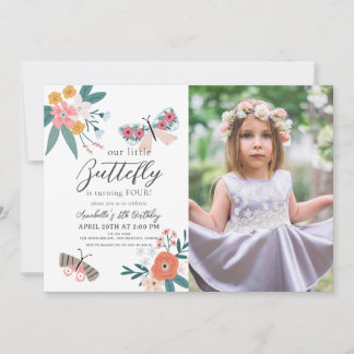 Little Butterfly Floral Girl Geburtstags-Foto Einladung