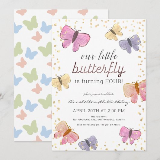 Little Butterfly Girl zum Geburtstag Einladung (Vorne/Hinten)