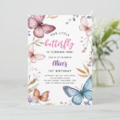 Little Butterfly Girl's 1. Geburtstag Einladung (Stehend Vorderseite)