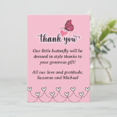 Little Butterfly Hearts Girl Baby Dusche Dankeskarte (Stehend Vorderseite)