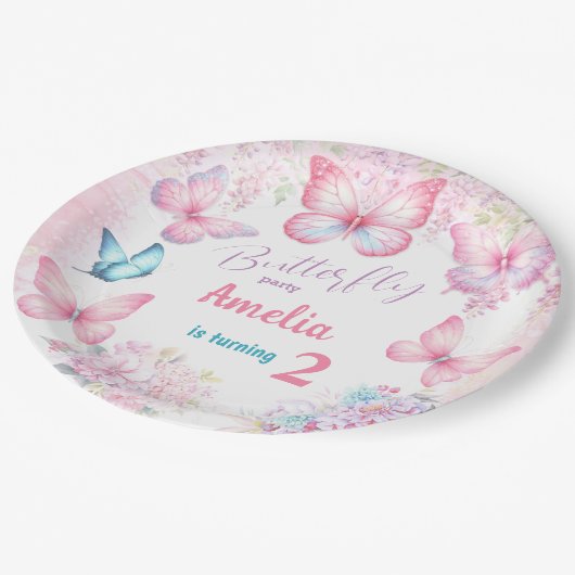 Little Butterfly Pink Floral Summer Girl Geburtsta Pappteller (Schrägansicht)