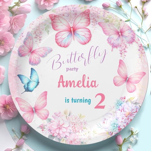 Little Butterfly Pink Floral Summer Girl Geburtsta Pappteller