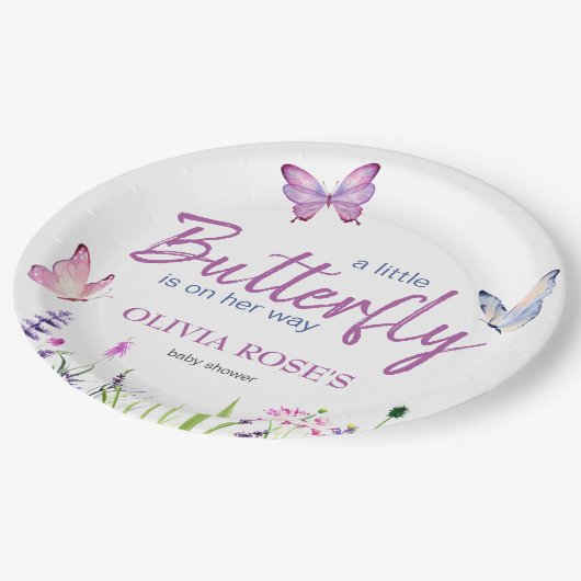 Little Butterfly Pink Lila Girl Baby Dusche Pappteller (Schrägansicht)