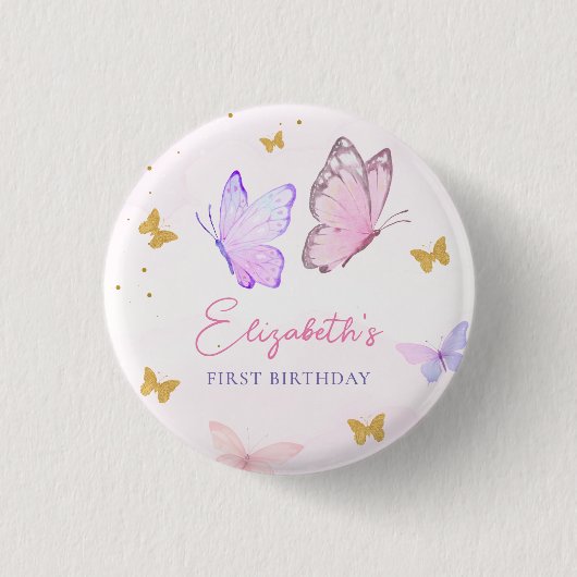Little Butterfly Pink Lila Gold Girl Geburtstag Button (Vorderseite)