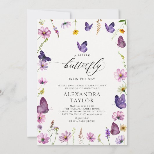 Little Butterfly Wild Lila Pink Baby Girl Dusche Einladung (Vorderseite)