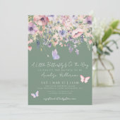 Little Butterfly Wildflower Green Baby Shower Einladung (Stehend Vorderseite)