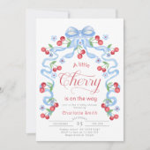 Little Cherry auf dem Weg Blue Bow Baby Dusche Einladung (Vorderseite)