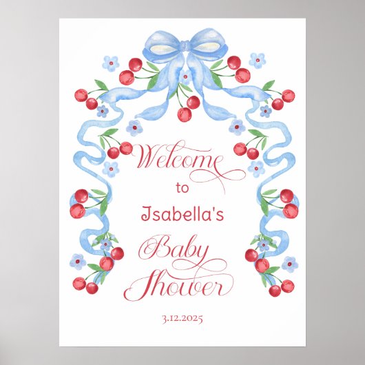 Little Cherry Blue Bow Baby Dusche Empfang Poster (Vorne)