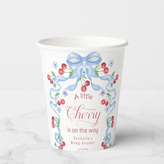 Little Cherry Blue Bow Baby Dusche Pappbecher (Rückseite)