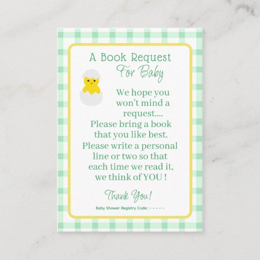Little Chick Baby Book Request Neutral Baby Shower Begleitkarte (Vorderseite)