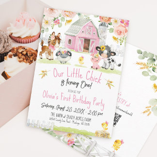 Little Chick Farm Barnyard Floral Girl Geburtstag Einladung