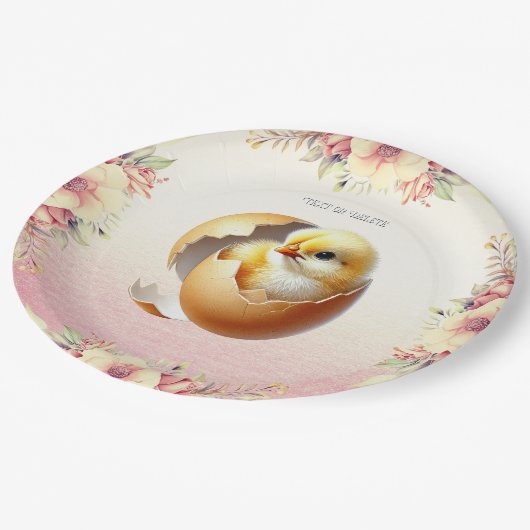 Little Chick Hatching Floral Paper Plate Pappteller (Schrägansicht)