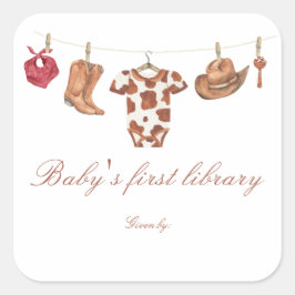 Little Cowboy Baby shower - baby's first library Quadratischer Aufkleber