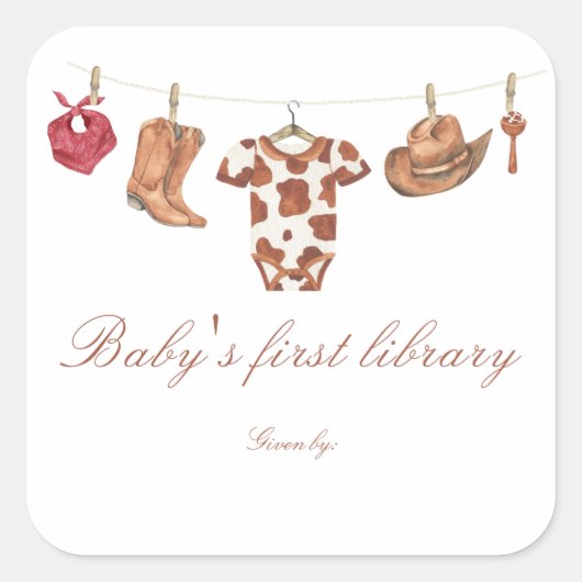Little Cowboy Baby shower - baby's first library Quadratischer Aufkleber (Vorderseite)