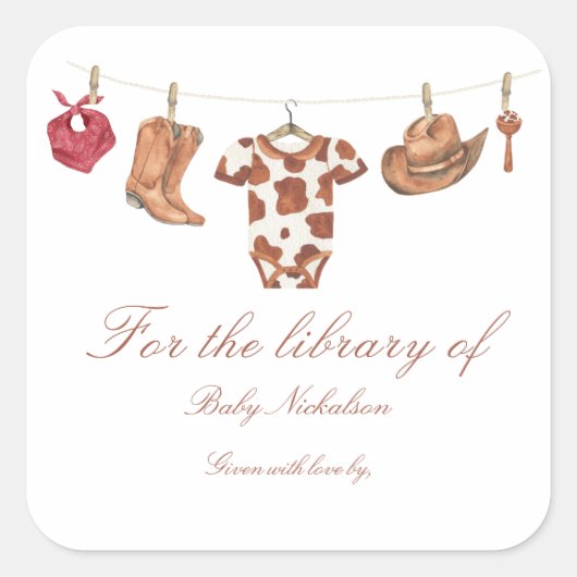 Little Cowboy Baby Shower - für die Bibliothek von Quadratischer Aufkleber (Vorderseite)