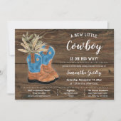 Little Cowboy Bootie Brown Wood Baby Dusche Einladung (Vorderseite)