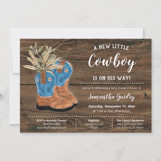 Little Cowboy Bootie Brown Wood Baby Dusche Einladung (Vorderseite)