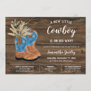 Little Cowboy Bootie Brown Wood Baby Dusche Einladung