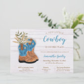 Little Cowboy Bootie White Wood Baby Dusche Einladung (Stehend Vorderseite)