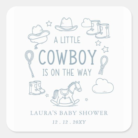Little Cowboy Boy Baby Shower Quadratischer Aufkleber (Vorderseite)