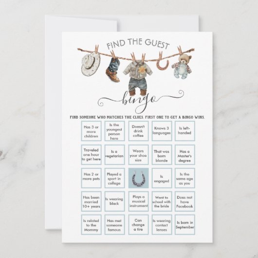 Little Cowboy Clothesline Finden Sie den Gast BING Einladung (Vorderseite)