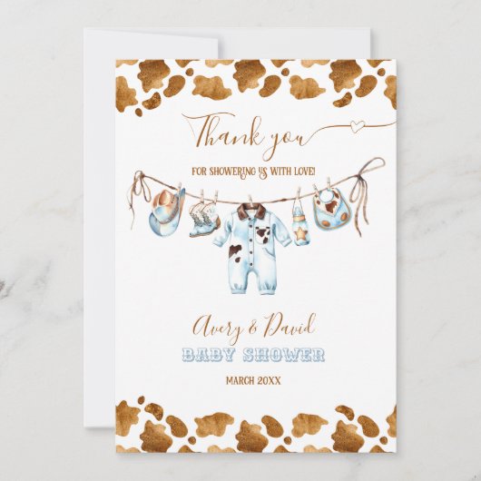 Little Cowboy Clothesline WildWest Boy Baby Shower Dankeskarte (Vorderseite)